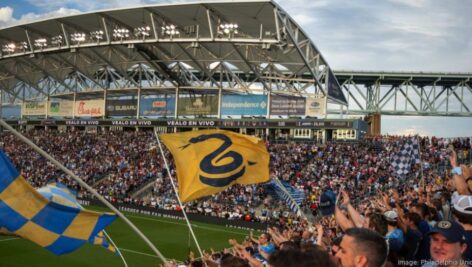 Fans cheering on the Philadelphia Union.