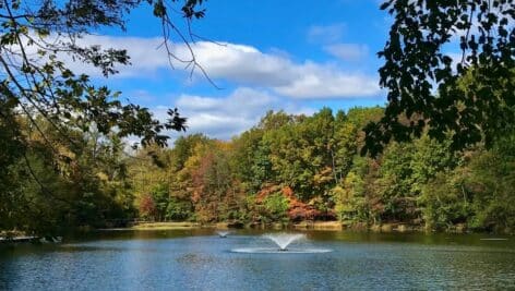 A fountain in the center of Alverthorpe Park's lake.