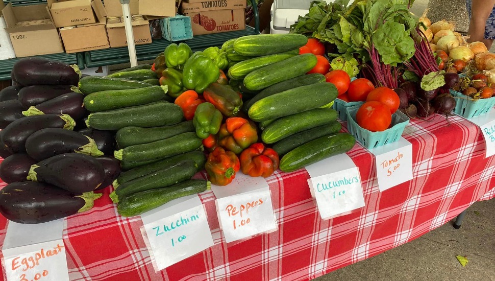 Cucumbers, eggplant and other produce on a table at the Pottstown FARM