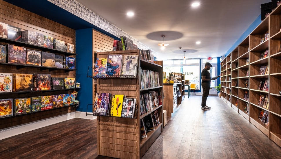 Interior of Multiverse, book store in Chestnut Hill.