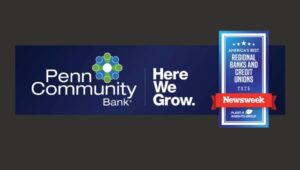 Graphic with Penn Community Bank logo and Newsweek logo depicting how the Bank has been named one of America’s Best Regional Banks for 2025 by Newsweek and Plant-A Insights Group.