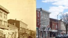 A side by side photo of a downtown Montco city present day, and years ago.