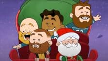 Peanuts-style cartoon of Jason Kelce, travis Kelce, Jordan Mailata, Lane Johnson, and Santa in a sleigh.