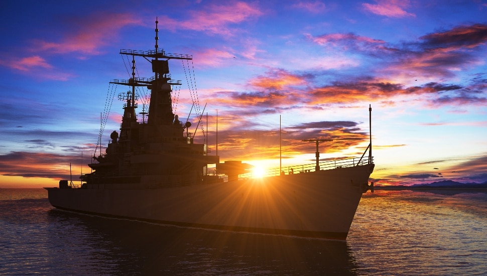 US Navy Warship On The Background Of Sunset. 3D Illustration.