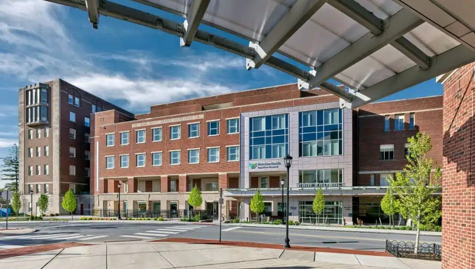 The facade of Bryn Mawr Hospital.