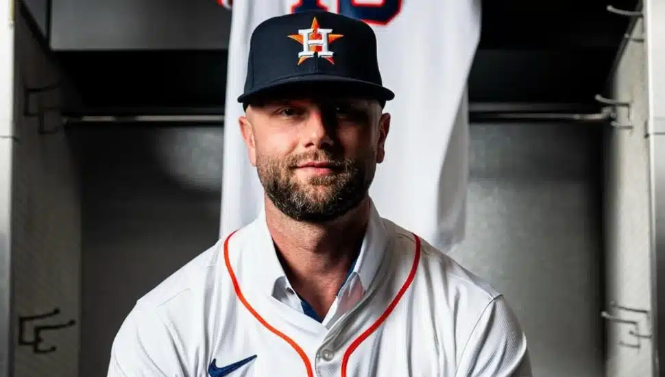 Christian Walker smiles in his new Astros jersey.