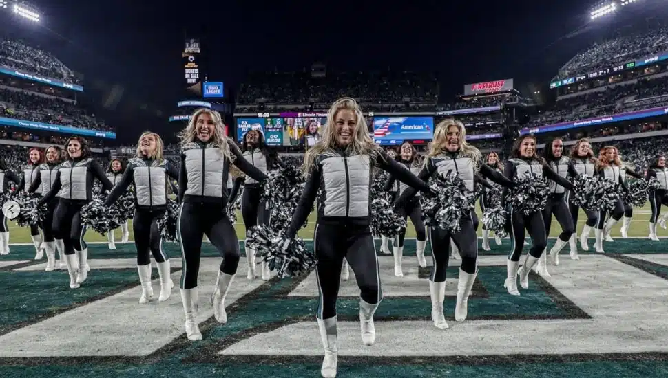 The Philadelphia Eagles Cheerleaders perform in the end zone at Lincoln Financial Field.