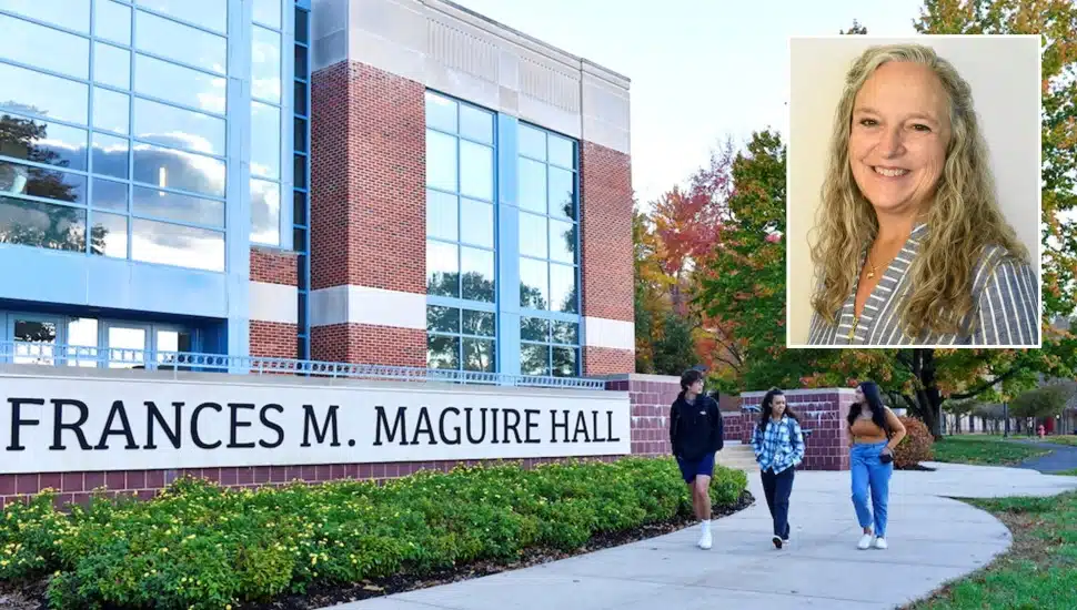 Headshot of nursing professor and college campus.