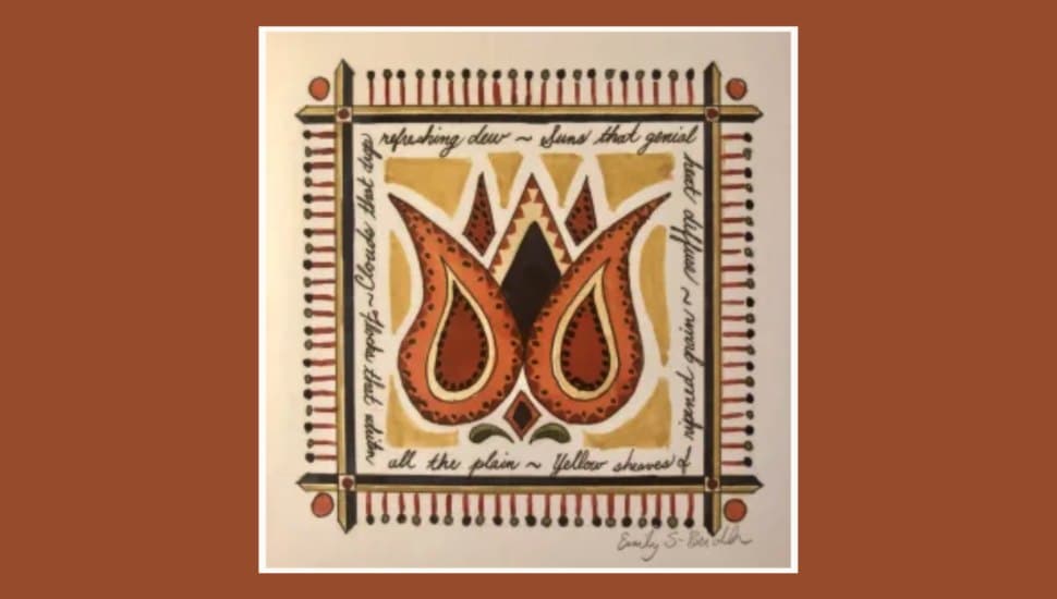 A fraktur art piece featuring two stylized tulip designs in red, black, and gold tones. The tulips are framed by an intricate decorative border with geometric patterns and small red dots. Surrounding the tulips is handwritten script with poetic text. The artwork has a warm, traditional aesthetic and reflects the fraktur style.