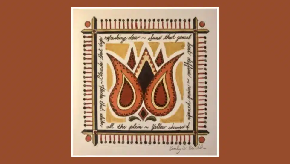 A fraktur art piece featuring two stylized tulip designs in red, black, and gold tones. The tulips are framed by an intricate decorative border with geometric patterns and small red dots. Surrounding the tulips is handwritten script with poetic text. The artwork has a warm, traditional aesthetic and reflects the fraktur style.