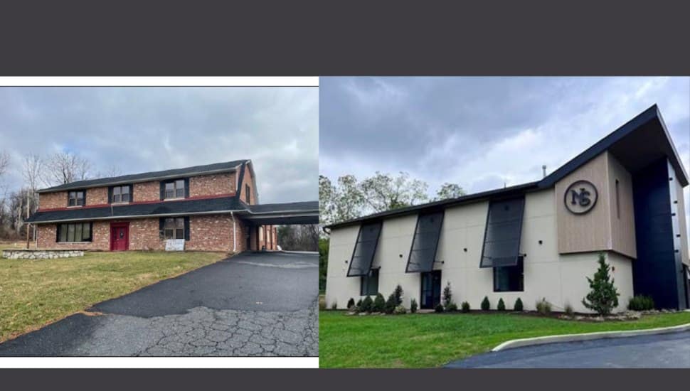 Comparison of the Nicholas Sebastian Salon & Spa: the old brick building on the left and the modernized, sleek Newtown Square location with updated architecture on the right, which opened in October 2024.