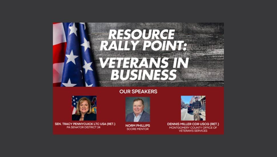 A graphic promoting the Montgomery County Commerce Department's Resource Rally Point: Veterans in Business on Mar. 17 at the Community Partners Center.