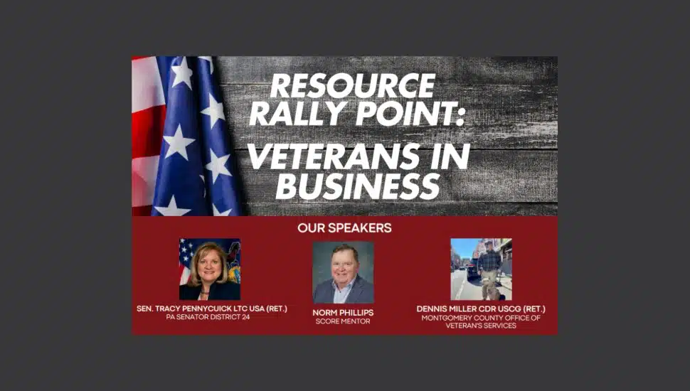 A graphic promoting the Montgomery County Commerce Department's Resource Rally Point: Veterans in Business on Mar. 17 at the Community Partners Center.