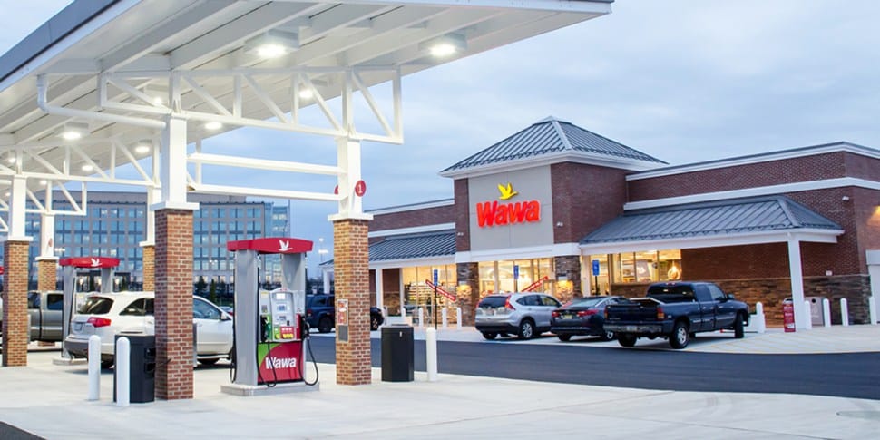 A Wawa store with gas pumps.