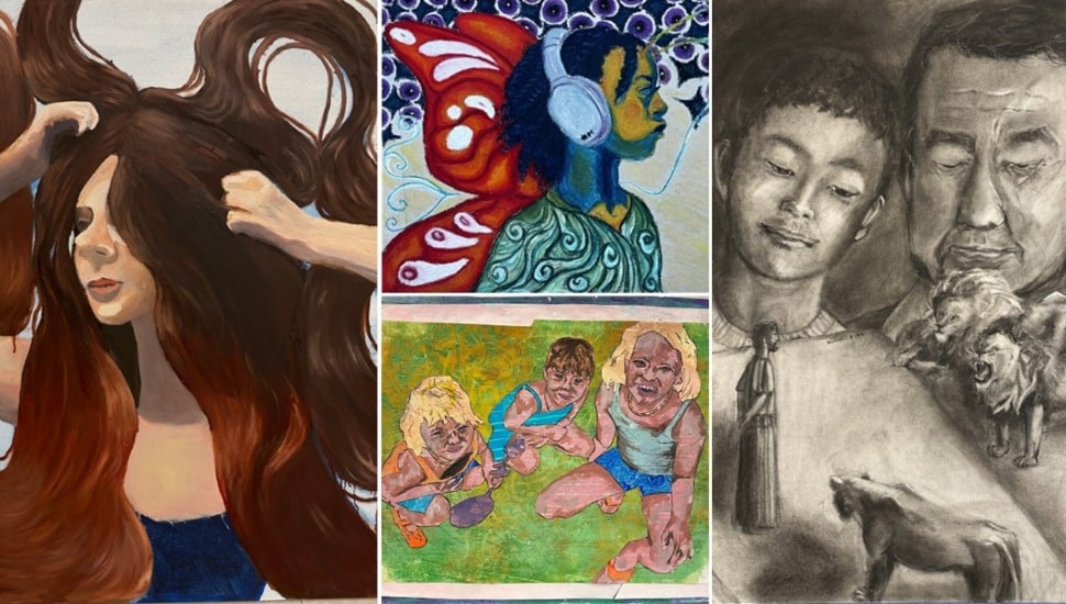 Four pieces of student artwork.