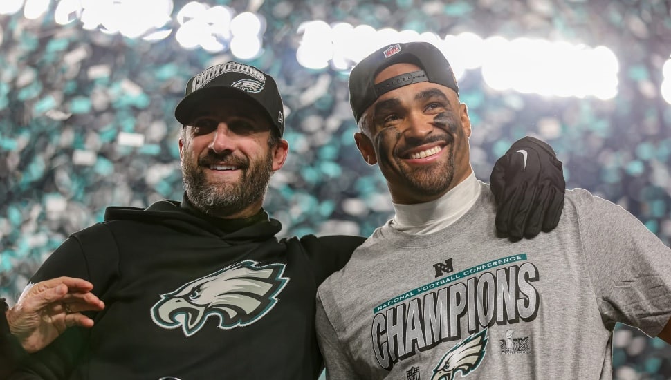 Nick Sirianni (left) and Jalen Hurts (right) smiling after winning NFC Championship Game.