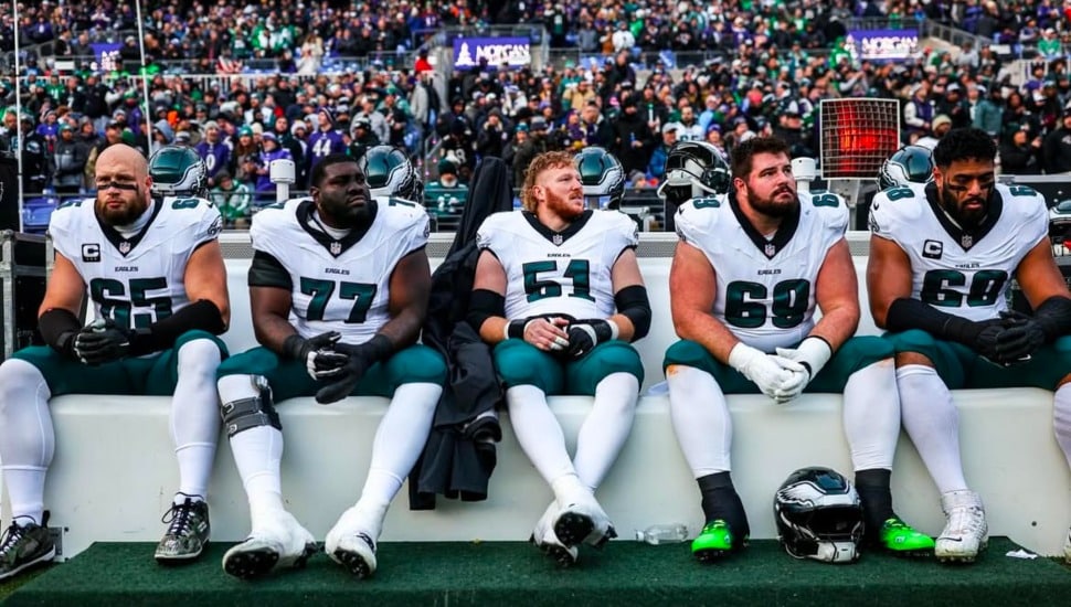 Lane Johnson, Mekhi Becton, Cam Jurgens, Landon Dickerson, and Jordan Mailata.