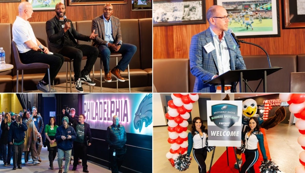 Photo collage of exclusive event for small businesses at Eagles stadium.