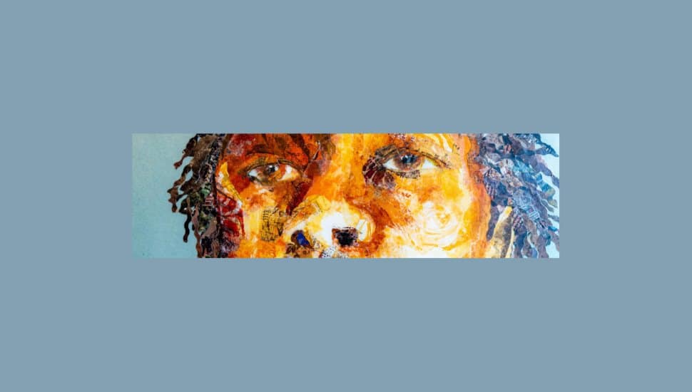 A close-up of a mixed-media portrait of a person with dark curly hair, depicted in warm, earthy tones. The painting has an expressive, textured quality with layered brushstrokes and collage elements. The subject's eyes are deeply engaging, with a gaze that appears intense and thoughtful. The background is a muted blue-gray color, contrasting with the vibrant hues of the face.