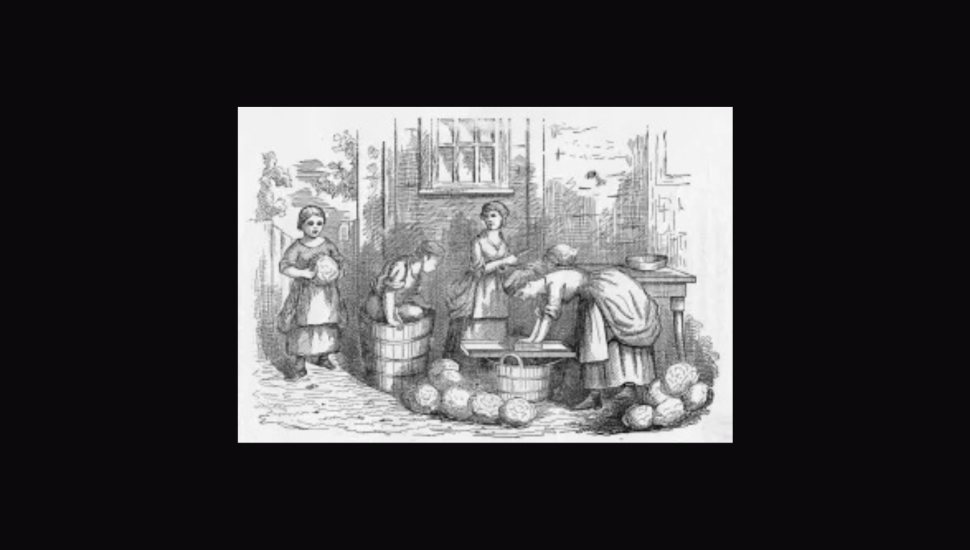 A historic depiction of Mennonite cooking (a black and white sketch of women in the kitchen making Dutch cuisine).