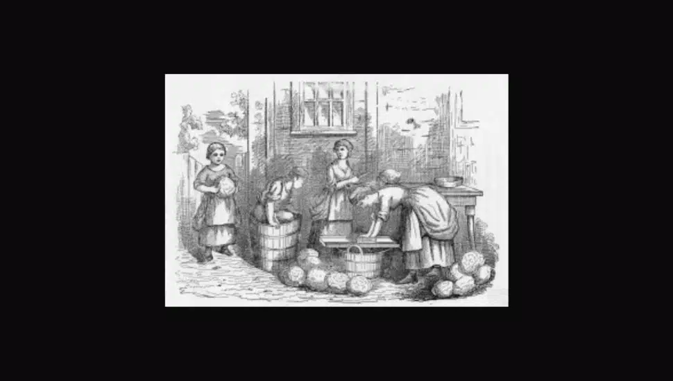 A historic depiction of Mennonite cooking (a black and white sketch of women in the kitchen making Dutch cuisine).