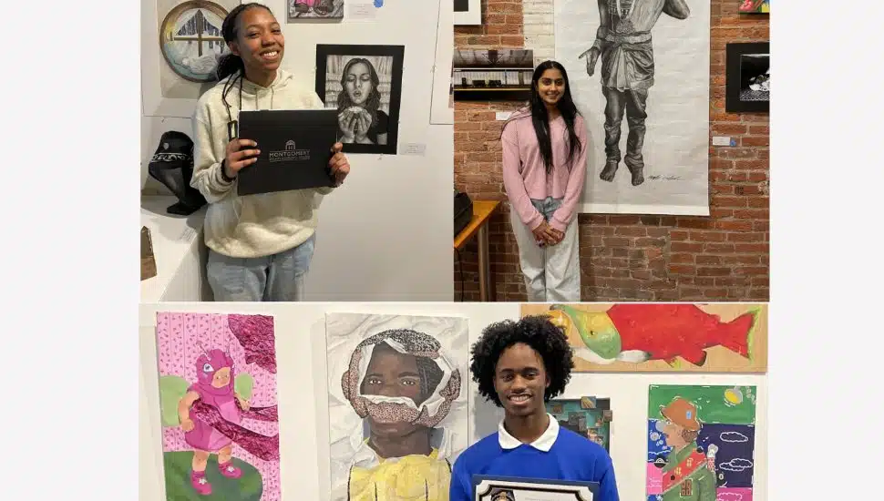 Top left: Soleil Scruggs from Pottsgrove High School won an award for her piece, "Sharing it With You." Top right: Megha Gudipudi from Owen J. Roberts High School won an award for her drawing, "Dancing Girl." Bottom: The Best in Show award went to Kedar Moore from Springfield Area High School for the mixed media piece, "Metamorphasim."