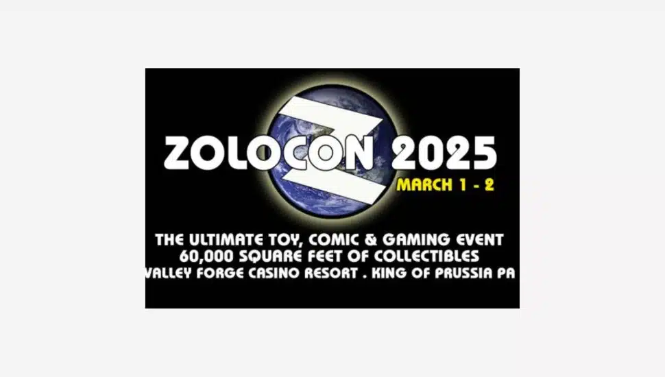A logo portraying the info that Zolocon 2025 will be Mar. 1-2 at Valley Forge Casino Resort.