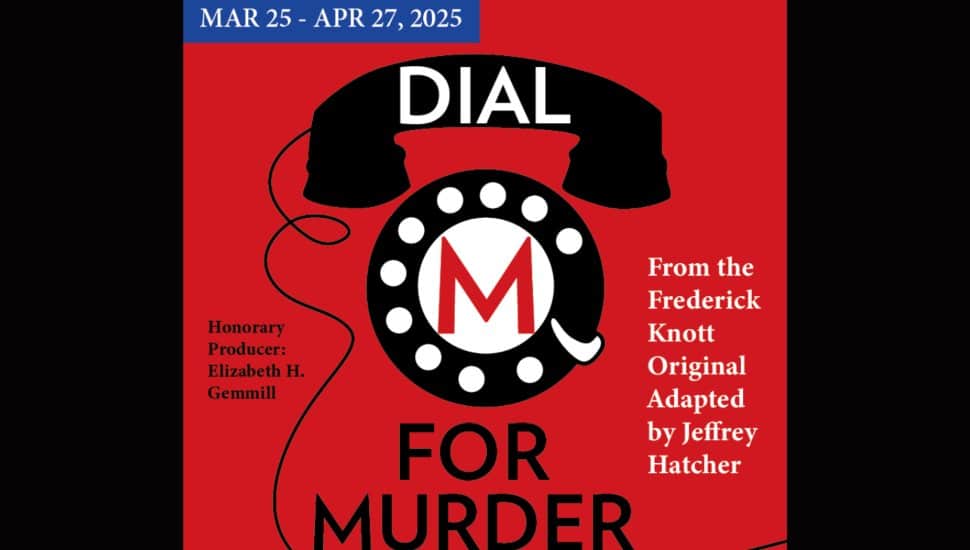 Promotional poster for Dial M for Murder at Act II Playhouse, running from March 25 to April 27, 2025. The design features a red background with a black rotary phone illustration, the letter "M" in the phone dial, and text noting the adaptation by Jeffrey Hatcher from Frederick Knott's original. Honorary Producer: Elizabeth H. Gemmill.