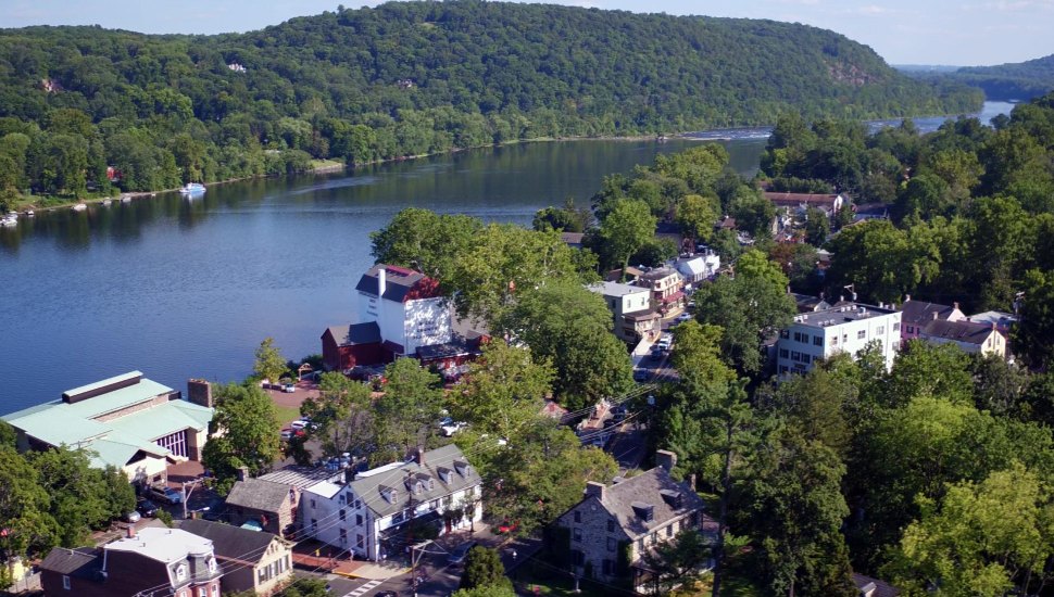 Aerial view of New Hope along the Delaware River.