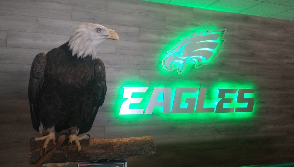Philadelphia Eagles mascot Reggie standing in front of Eagles sign.