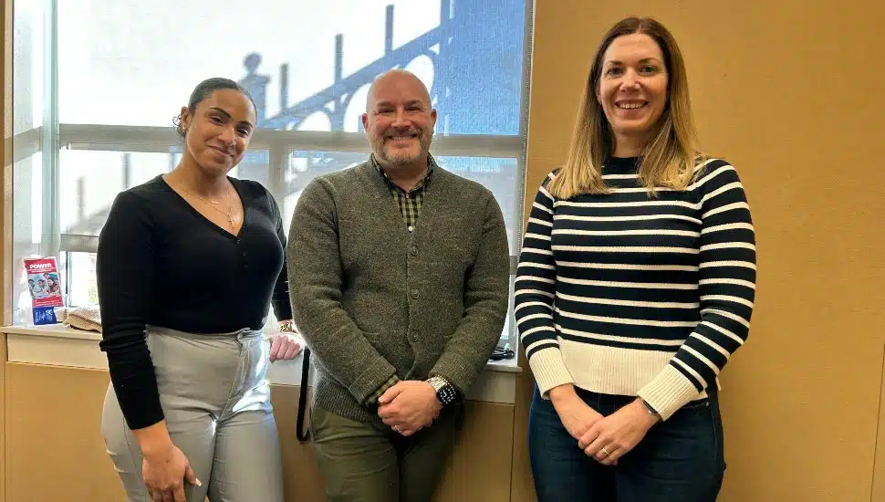 Dr. Jared Brown, Assistant Dean of Academic Affairs at the Pottstown Campus and host of the “Montco on the Move” podcast, stands with Wellness Center Director Dr. Nichole Kang (right) and Wellness Center Manager Ally Arthur (left). The podcast begins a new Wellness Series dedicating monthly episodes to inform students of important resources available to them.