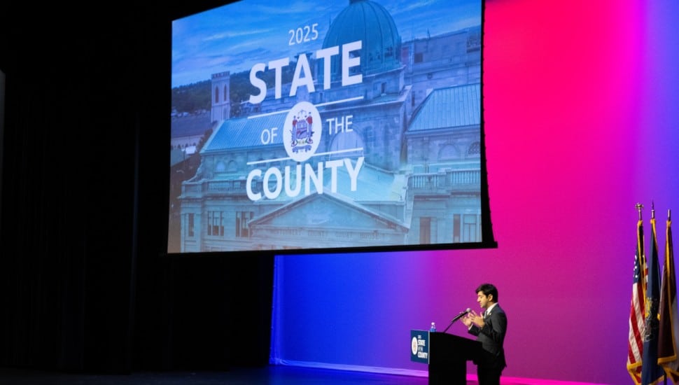 Commissioner Neil Makhija addresses the Press at the Montco's Sate of the County meeting.