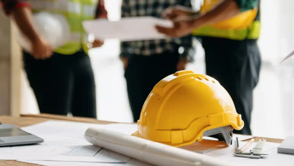 A hardhat and blueprints on a job site.