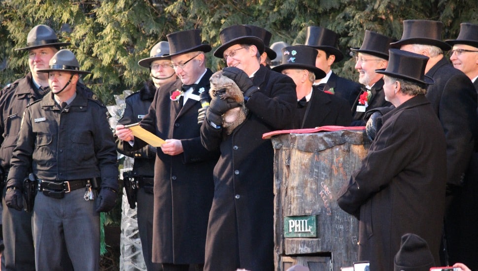 Punxsutawney Phil and his handlers at Gobbler's Knob.