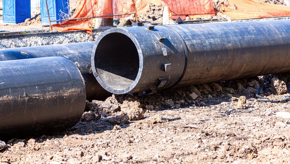 Laying large diameter plastic pipes for water supply.
