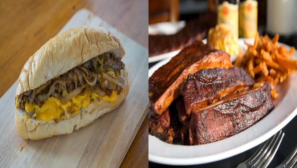 A Philly cheesesteak next to Barbecue ribs.
