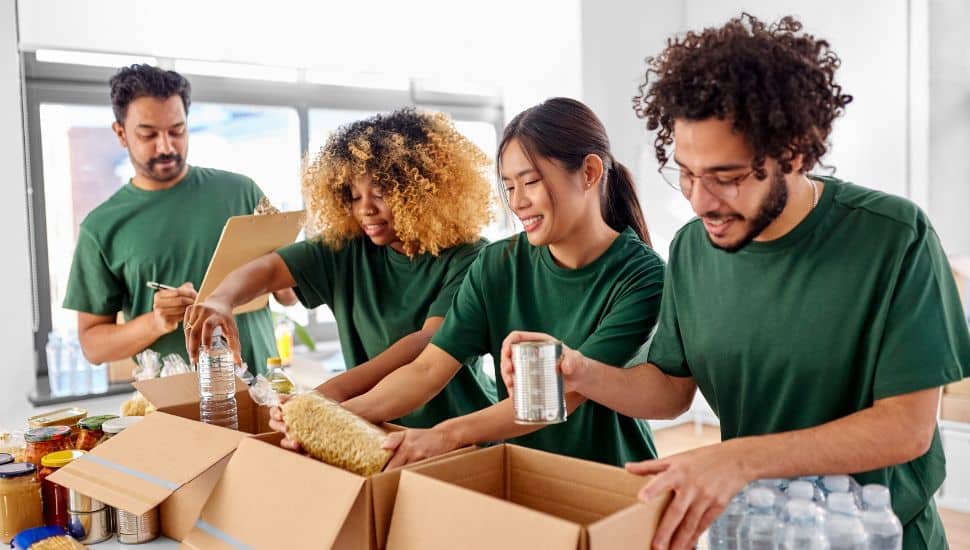 A group of volunteers packing food items.