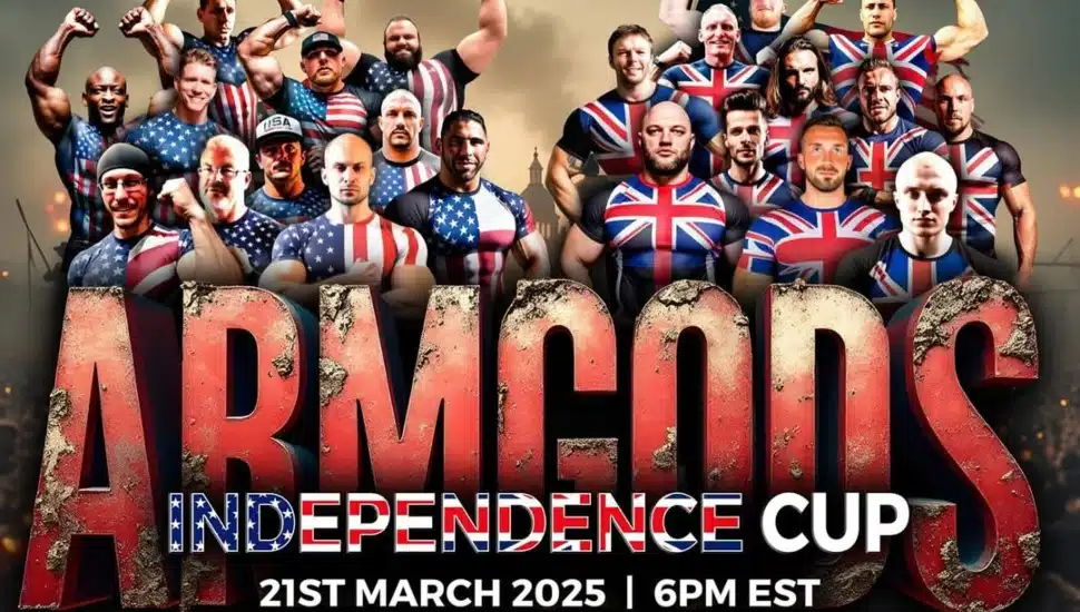 Promotional poster for the ArmGods Independence Cup arm wrestling event on Mar. 21, at 6:00 PM EST. The image features Team USA and Team UK athletes in their respective flag-themed uniforms, with a dramatic background and bold, metallic-textured event title.