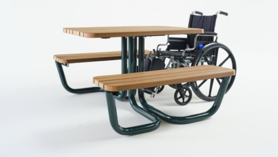 A picnic table with a wheelchair.