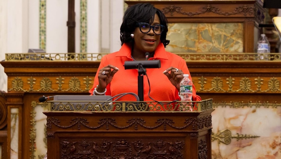 Mayor Cherelle Parker speaks at podium.