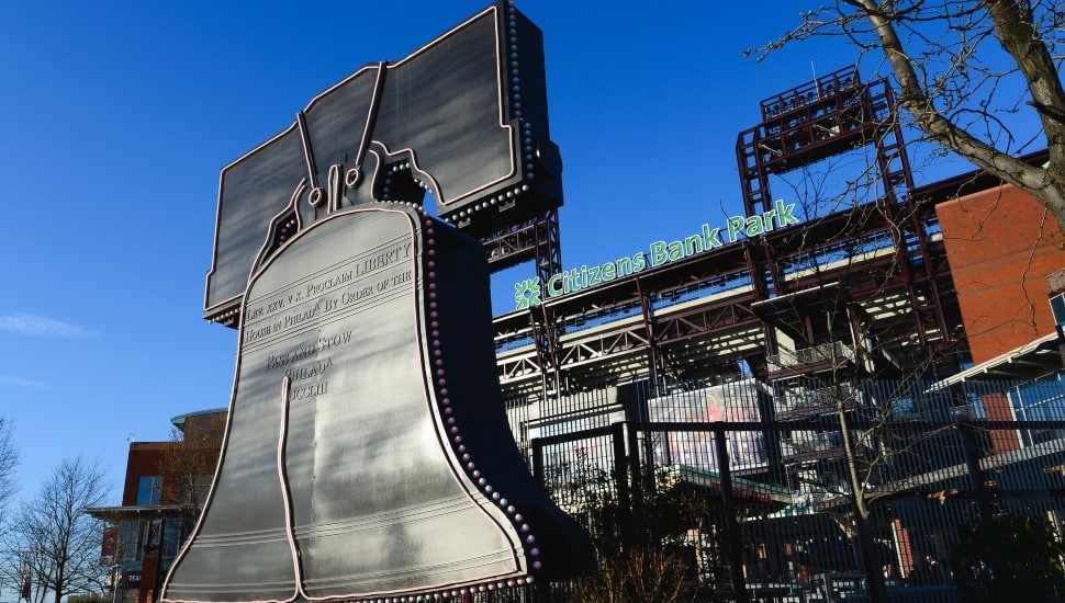 Citizens Bank Park sign behind Liberty Bell.