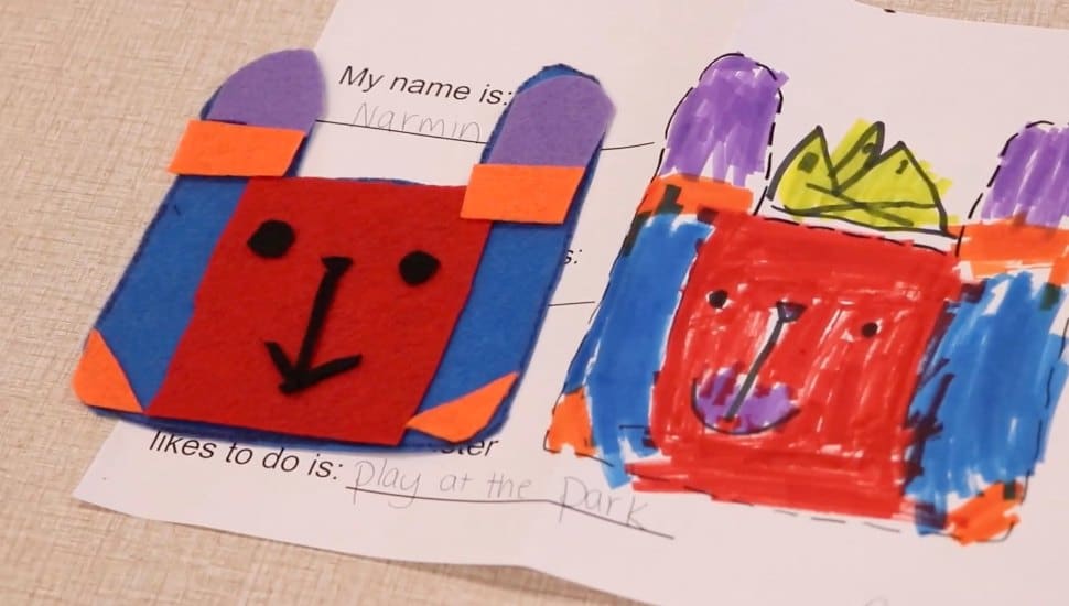 A felt monster creation next to its kindergarten inspiration.
