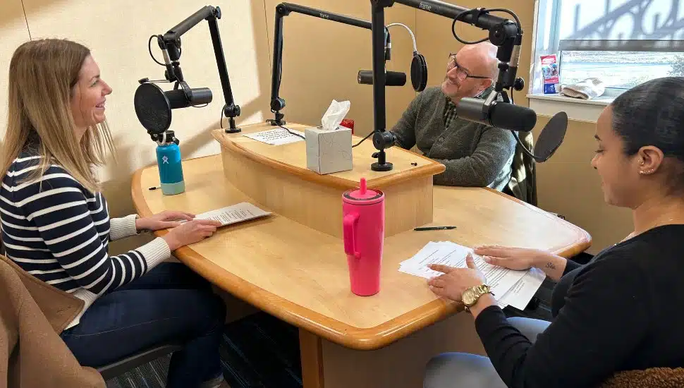 Assistant Dean of Academic Affairs at Pottstown Campus and "Montco on the Move" podcast host Dr. Jared Brown sits in studio with Wellness Center Director Dr. Nichole Kang and Wellness Center Manager Ally Arthur.