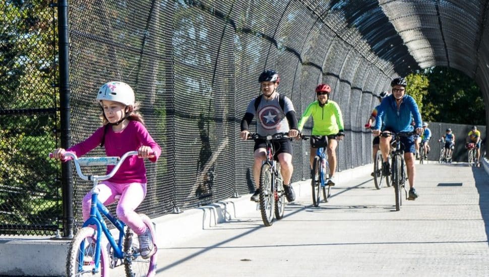 Cyclists on the Schuylkill River Greenway.