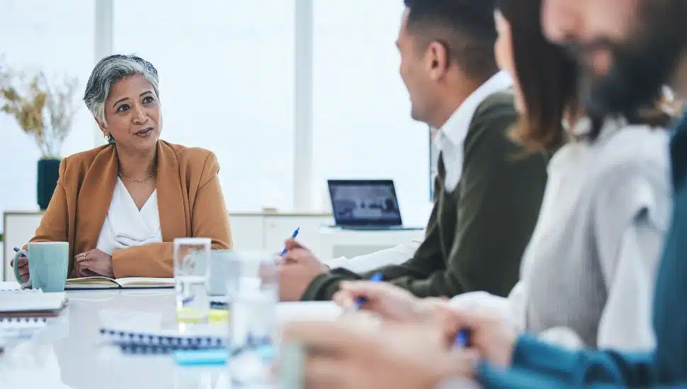 CEO, mature woman or business people in meeting planning in discussion with vision or mission together.