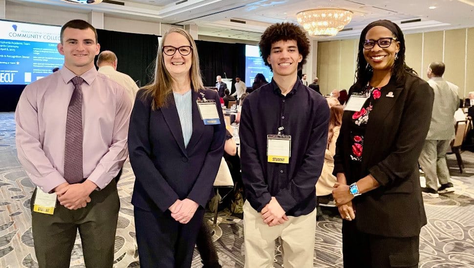Montgomery County Community College students Colin Hogan, Julie Kerwood, Emilio Siguenza and Massimiliano Simon were named to the All-Pennsylvania Academic Team. From left, Colin Hogan; Dr. Vicki Bastecki-Perez, MCCC President; Massimiliano Simon; and Dr. Chae Sweet, Vice President of Academic Affairs and Provost.