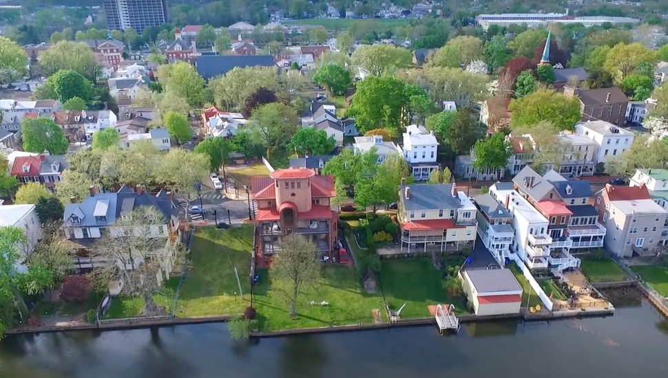 Aerial view of Bristol homes along the water.