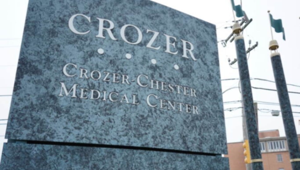 The granite Crozer-Chester Medical Center sign outside the Upland facility.