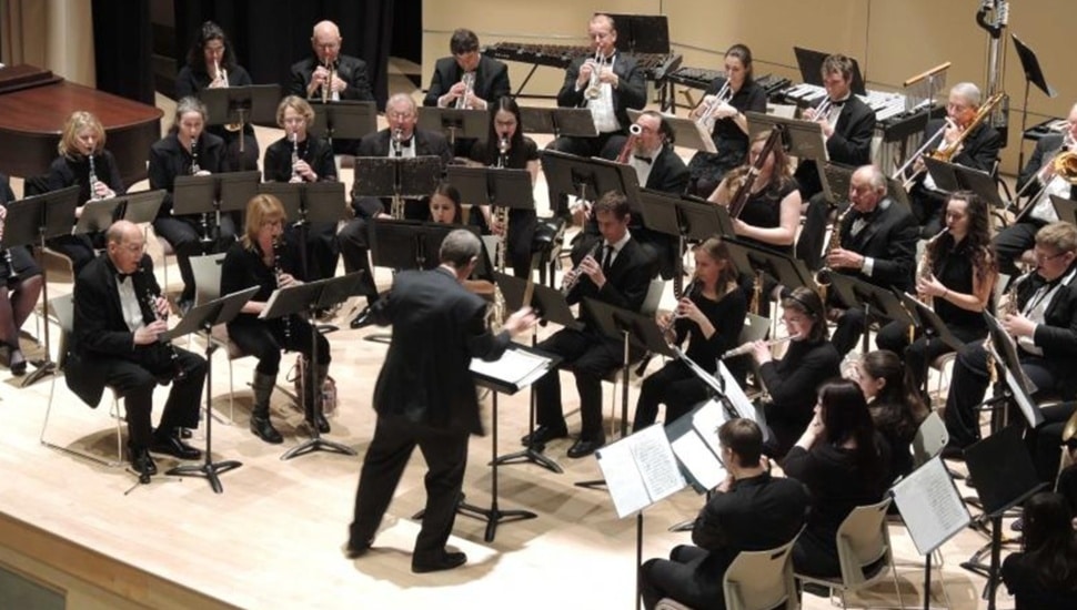 Aerial view of university chorus performing.