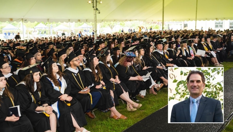 Headshot of business executive and commencement ceremony.